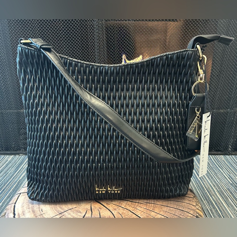 🆕Nicole Miller Black Faux Leather Shoulder Bag with Woven  Detail